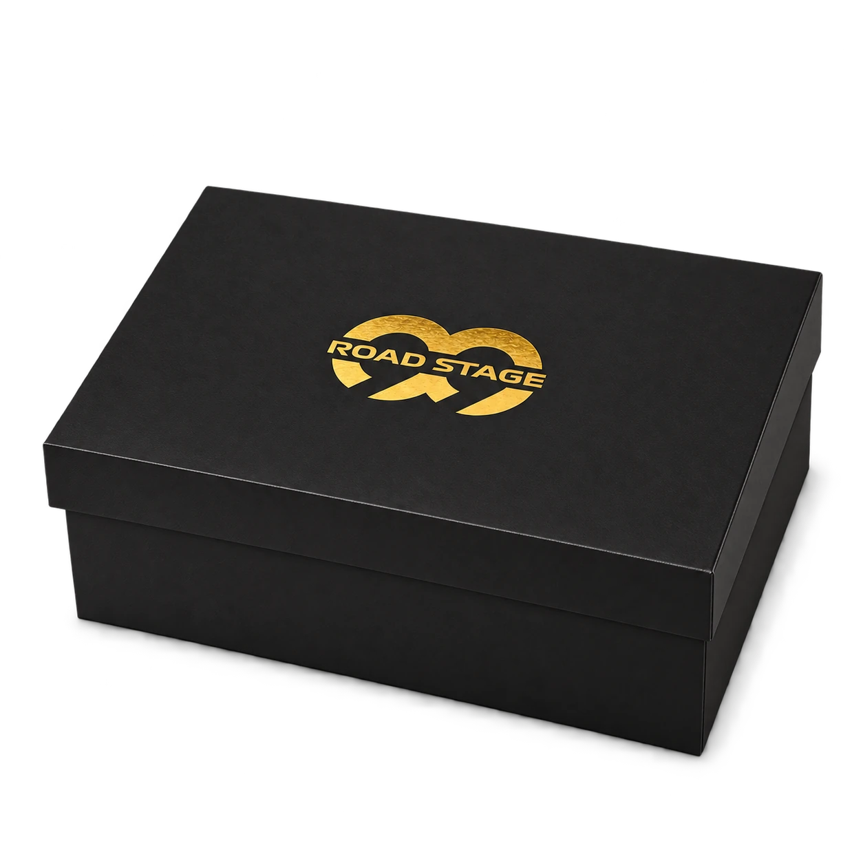 Black Road Stage gift box with a gold logo – top view