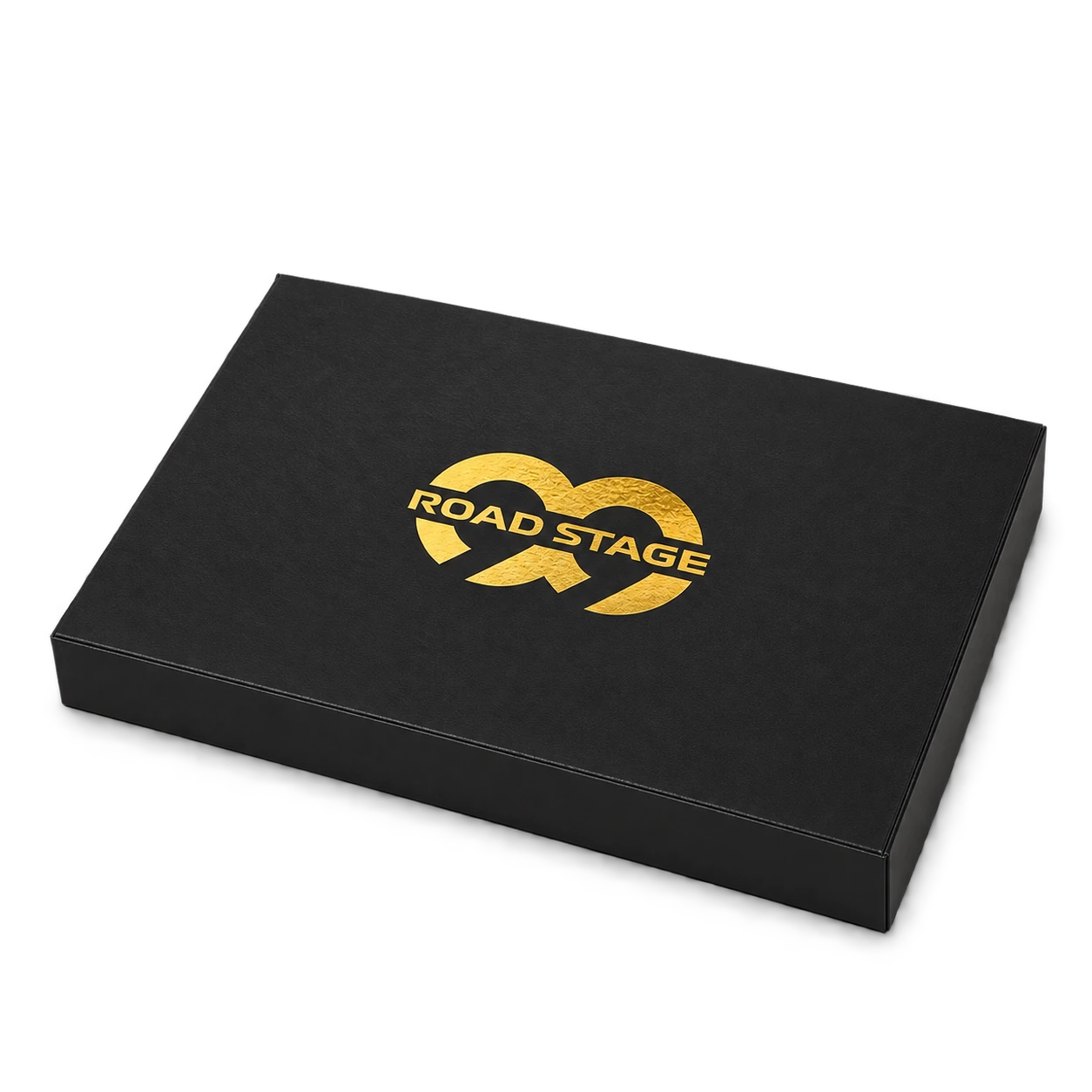Black Road Stage gift case with a gold logo – top view