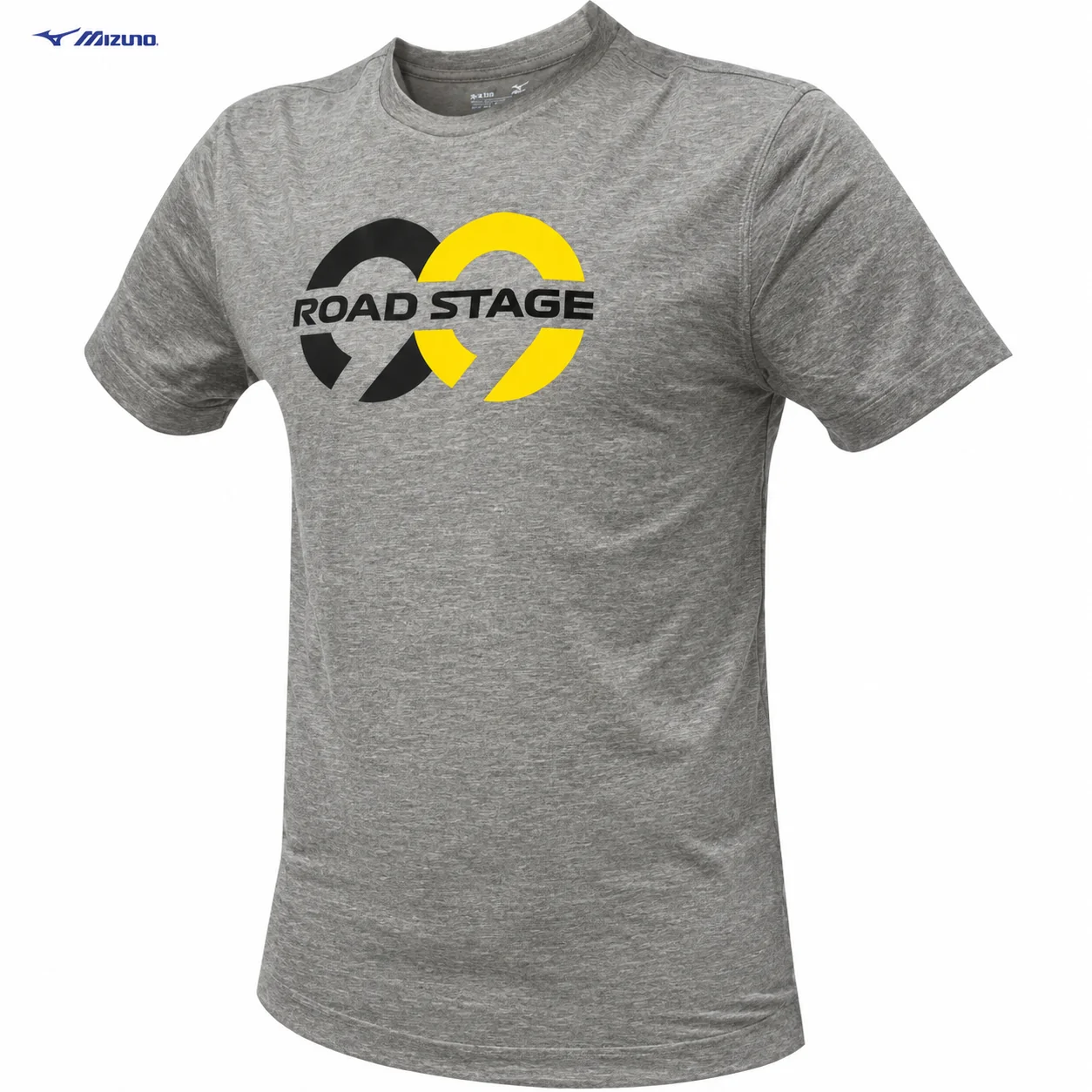 Heather grey Mizuno Road Stage T-shirt with a black and yellow logo and black lettering