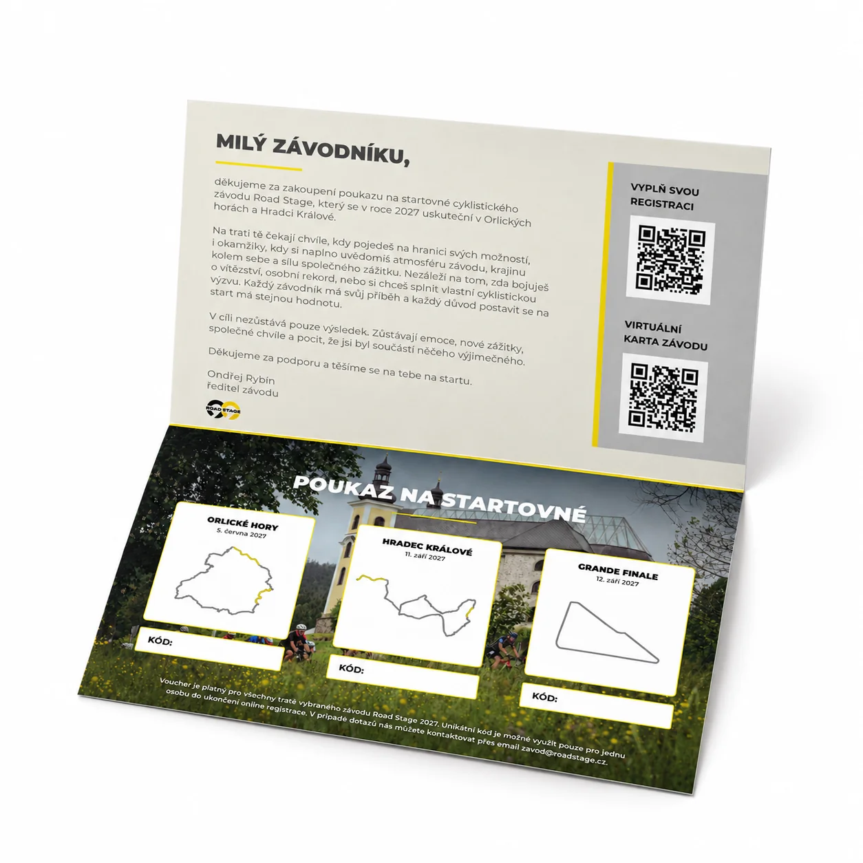 Open Road Stage 2027 gift voucher showing its inside pages, maps and code fields on a white background