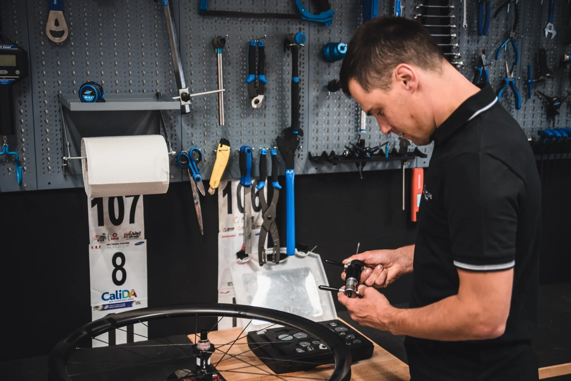 František Sisr checking a wheel hub on the workbench